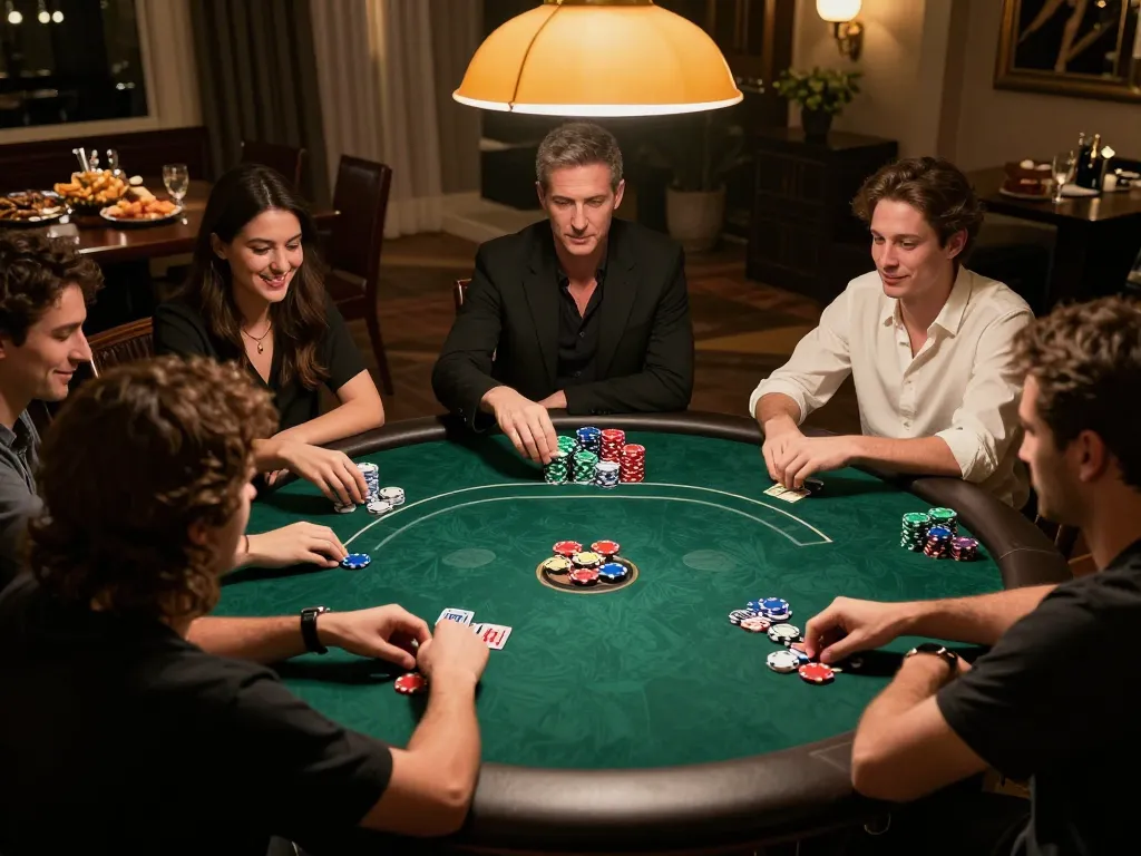 Engage in thrilling poker gameplay at Go88 with friends around the table, showcasing excitement and strategy.