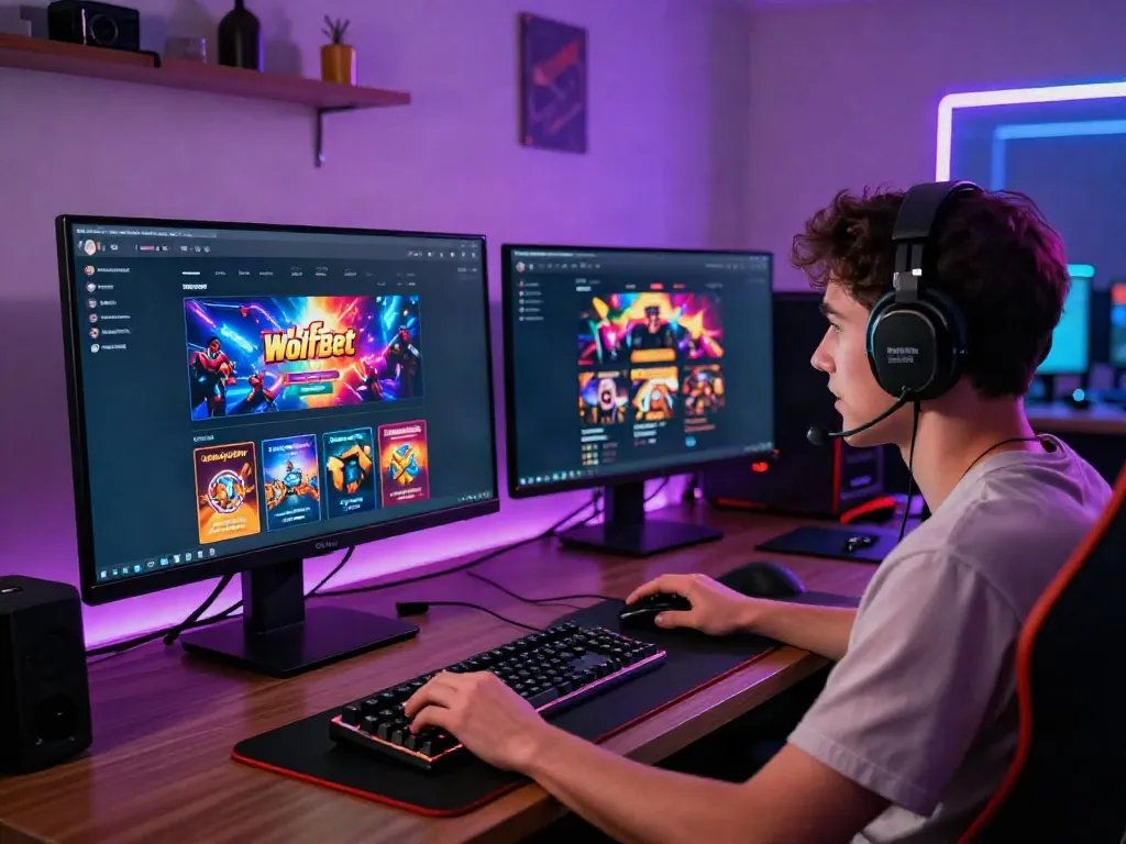 Player engaging with the Wolfbet Bonus Page on a vibrant gaming desktop setup