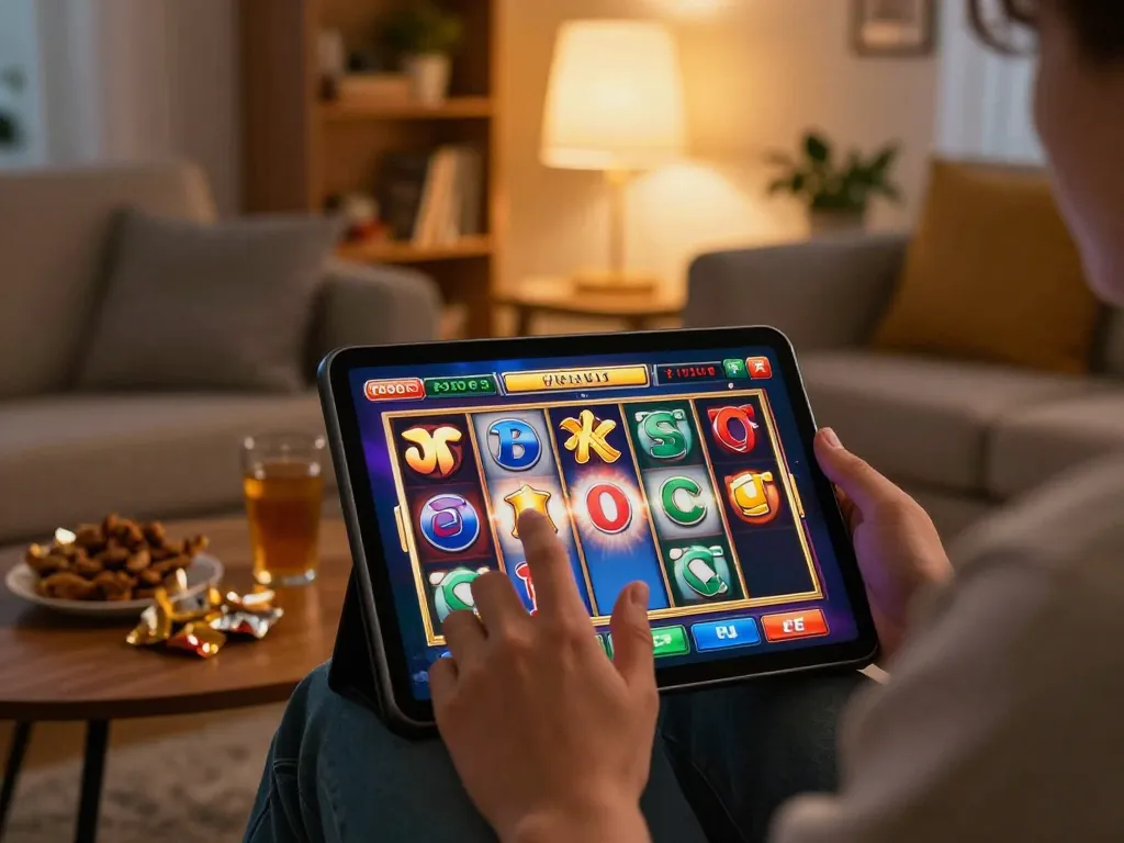 Engaging in slot online gameplay on a tablet in a cozy living room, highlighting vibrant slot symbols and spinning action.