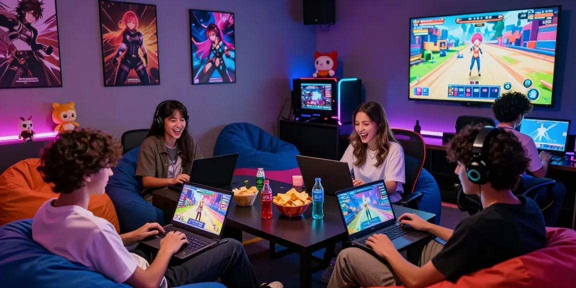 Young adults playing ecchi games in a vibrant gaming lounge filled with excitement and colorful decor.