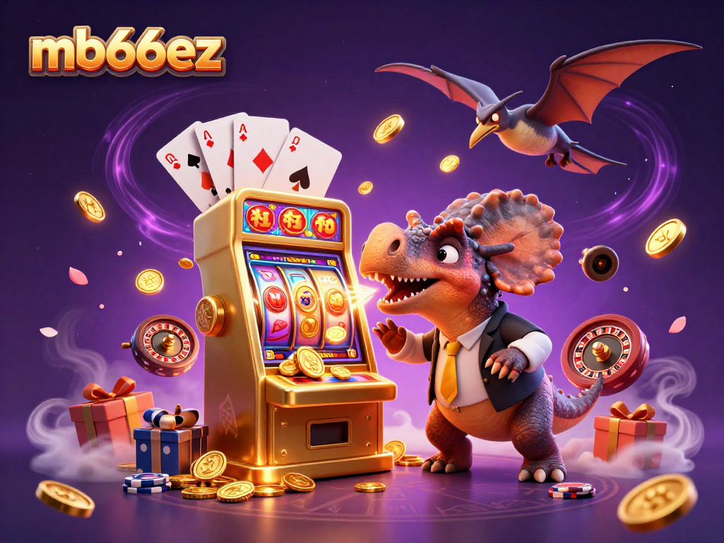 Spin to win at mb66ez with a vibrant 3D casino scene featuring cartoon dinosaurs and exciting jackpots.