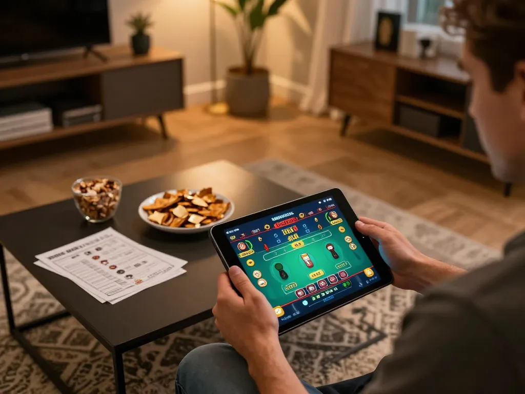 Player using the king33 online casino app on a tablet in a cozy home setting