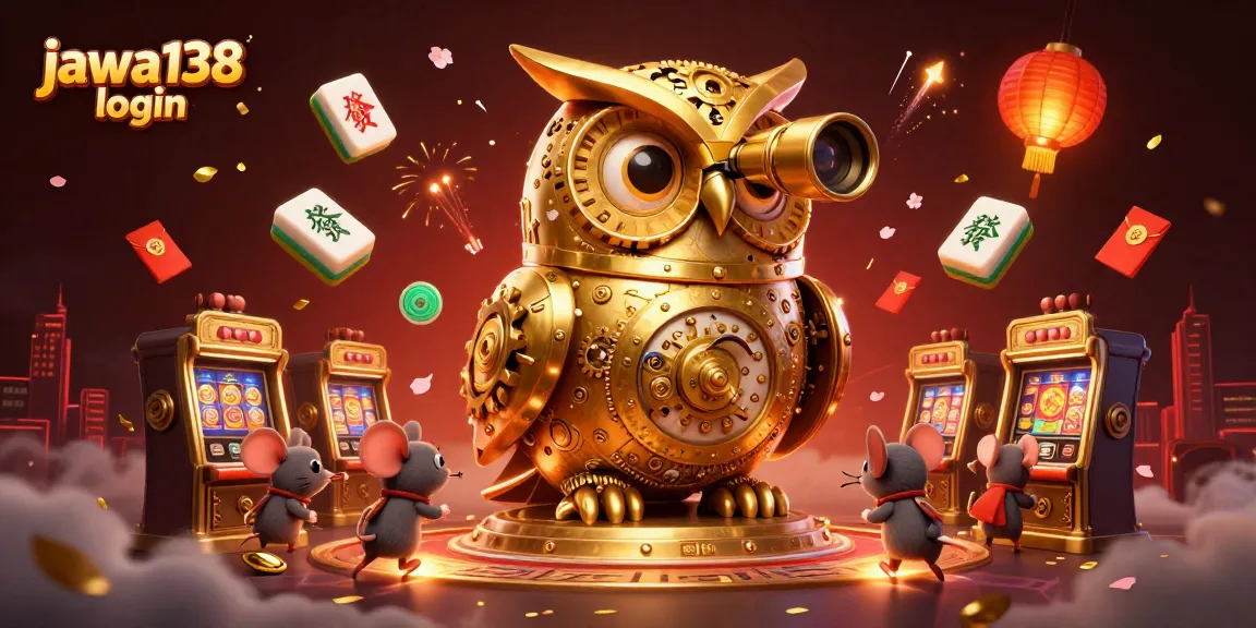 Visualisasi menarik pada kasino dengan "jawa138 login", burung hantu emas dan elemen kasino yang megah.