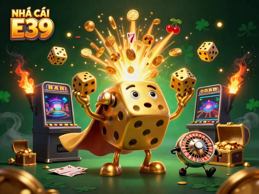 Experience the exciting world of NHÀ CÁI E39 with vibrant gaming elements and a dazzling jackpot scene.