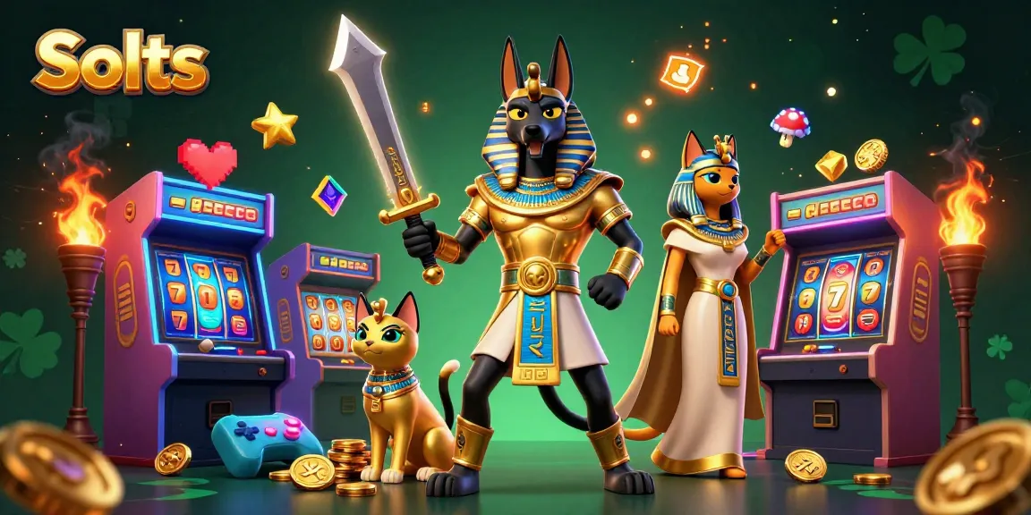 Engage with exciting Slots in a vibrant casino-themed 3D scene featuring Anubis and Bastet.