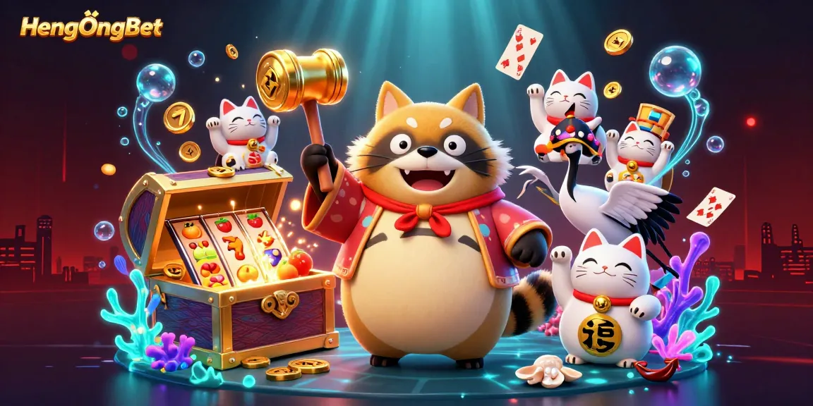 Experience the excitement at HengOngBet with vibrant slot games and cheerful characters in this dynamic 3D illustration.