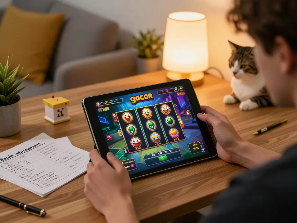 Engaged player spinning the reels on slot gacor while managing their bankroll in a cozy home setting.