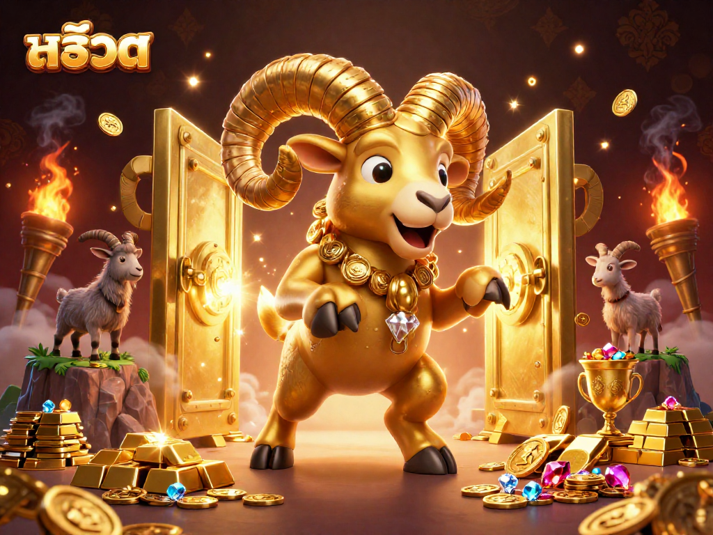 Spin the สล็อต jackpot as golden ram charges through treasure vault bursting with jewels and coins!