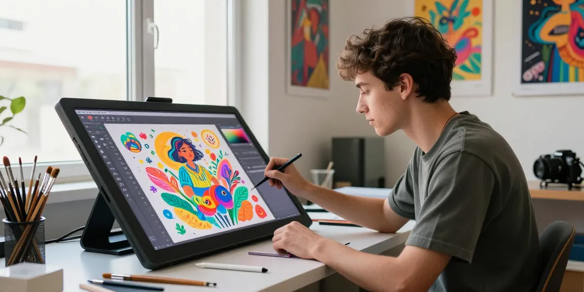 Artist creating NSFW AI illustrations in a vibrant digital art studio, showcasing creative energy and innovative workspace.