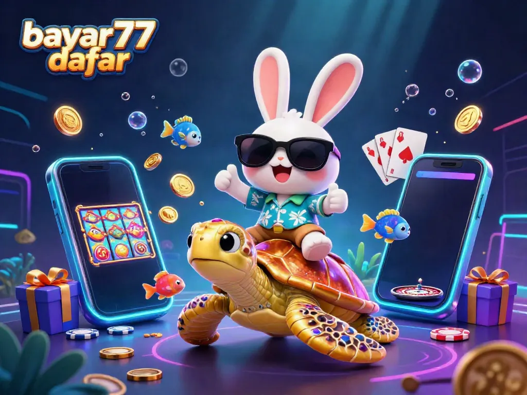 Join the fun at bayar77 daftar with a cartoon rabbit and turtle in a vibrant gaming underwater scene.