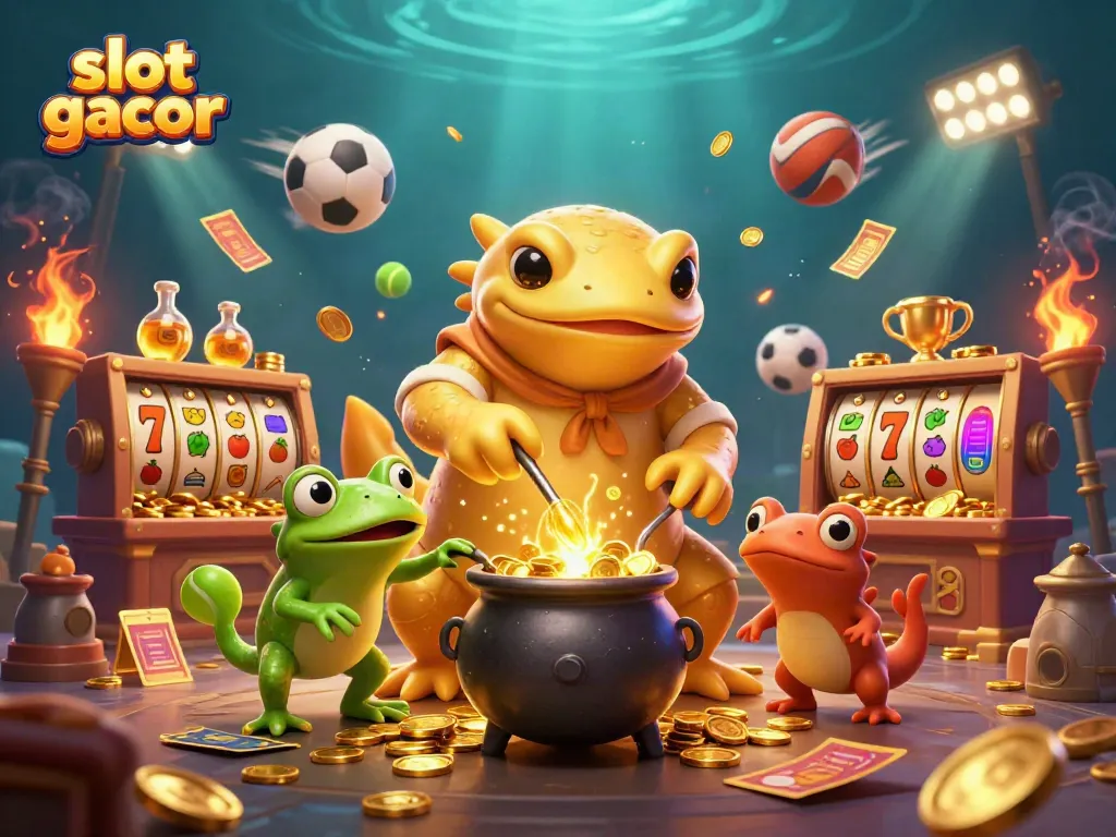 Experience the excitement of slot gacor with a vibrant 3D scene featuring alchemical characters and casino elements.