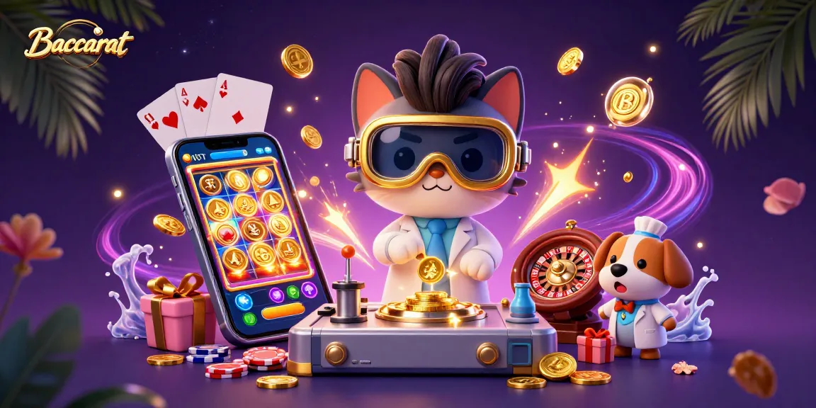 Baccarat scene depicting a mad scientist cat and dog creating a gold-coin machine amidst a colorful casino backdrop