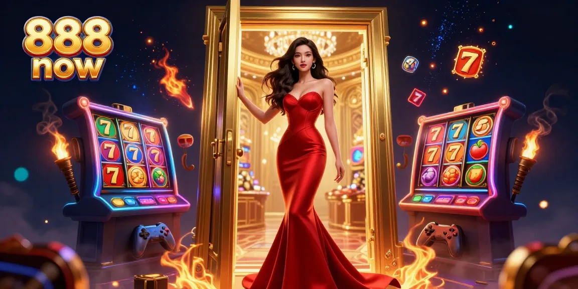 Play and win exciting slots at 888 now, with a stunning casino backdrop lighting up the scene.