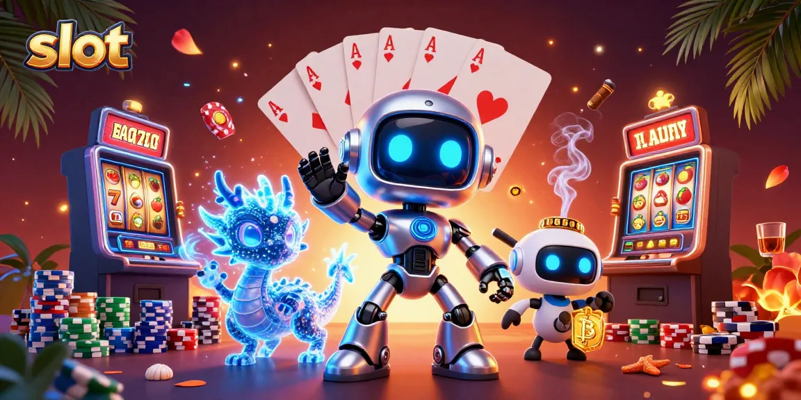 Slot gacor dengan robot cyberpunk, AI naga, dan drone bawa simbol bitcoin.