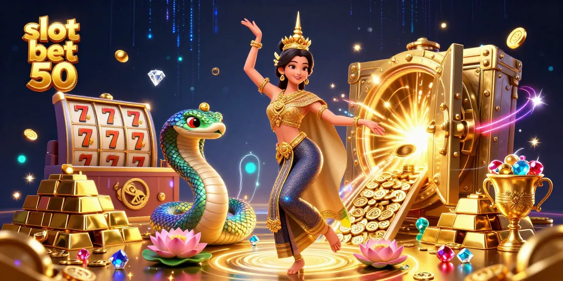 Experience thrilling gameplay with slot bet 50 in a vibrant 3D casino scene featuring an Asian dancer and Naga serpent.