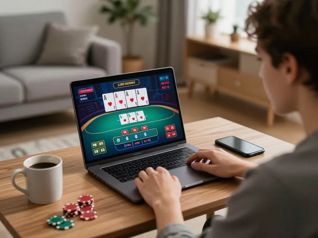 Engaging with 789F online poker game on a laptop for a responsible gaming experience.