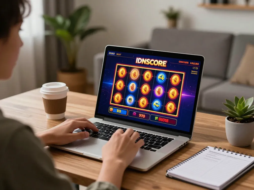 IDNSCORE online slots gameplay on a stylish laptop, showcasing spinning reels and exciting game interface