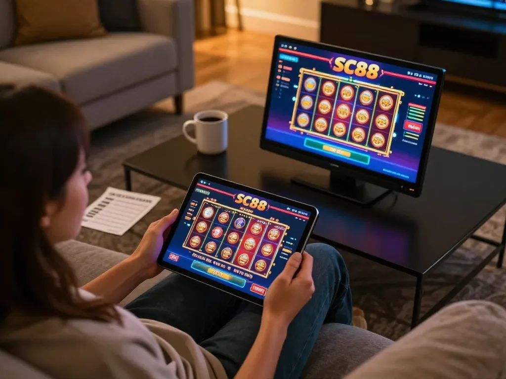 Engaging player enjoying SC88 online casino gaming on tablet in cozy home setting