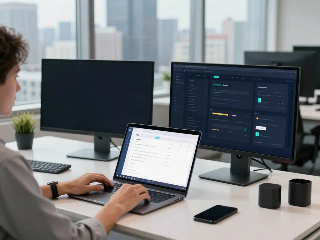 A modern tech workspace showcasing the A80 information platform on a laptop, with multiple screens displaying vibrant data and a stylish urban office backdrop.