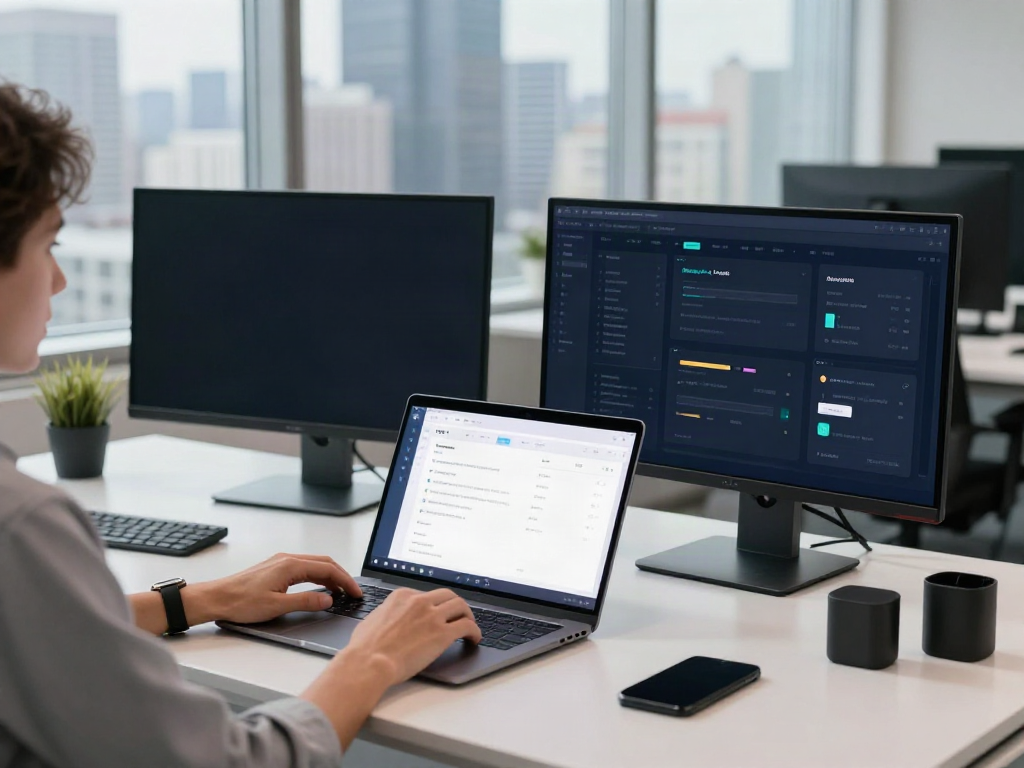 A modern tech workspace showcasing the A80 information platform on a laptop, with multiple screens displaying vibrant data and a stylish urban office backdrop.