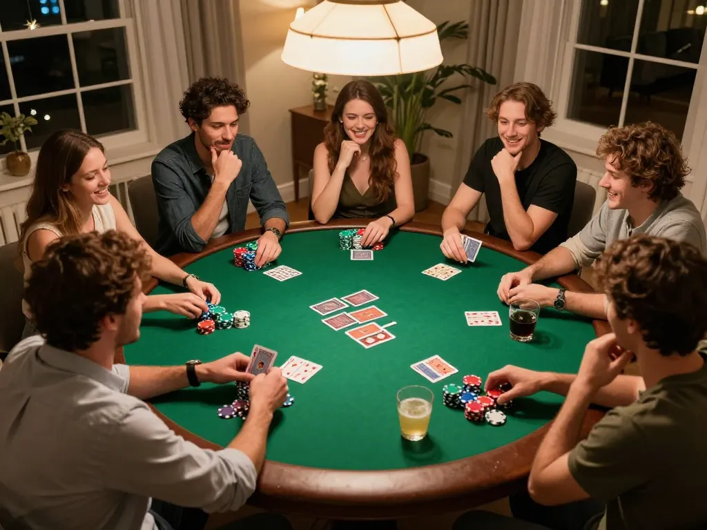 Kumpulan teman menikmati strategi malam poker di rumah dengan pengaturan meja SKY138.