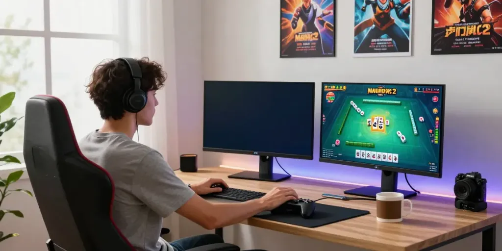 Pengguna mesinmpo sedang bermain Mahjong Ways 2 dengan fokus di layar komputer.