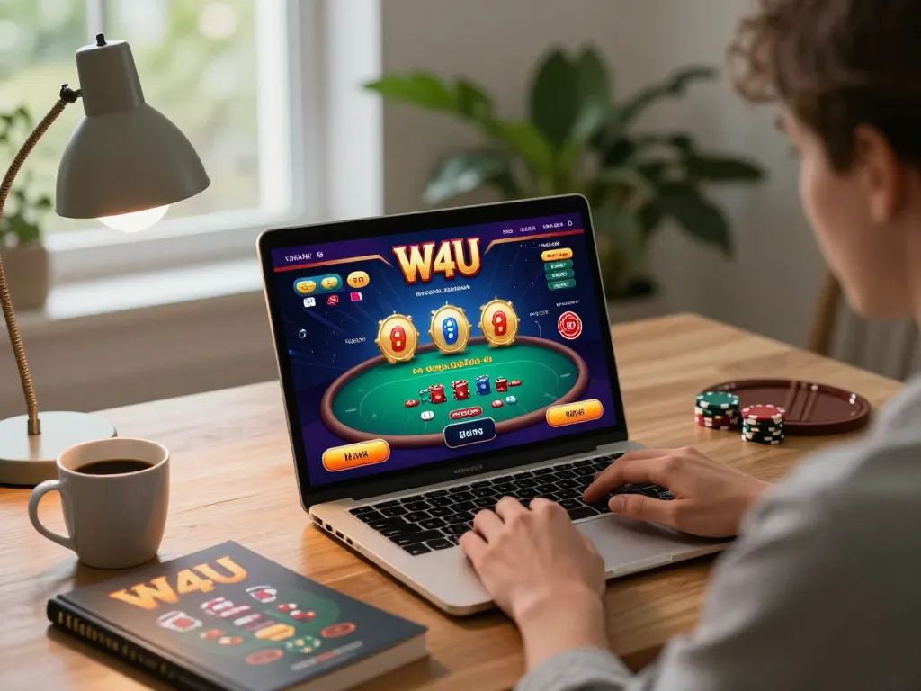 Player engaging in W4U online gaming session with a sleek laptop and strategy notes