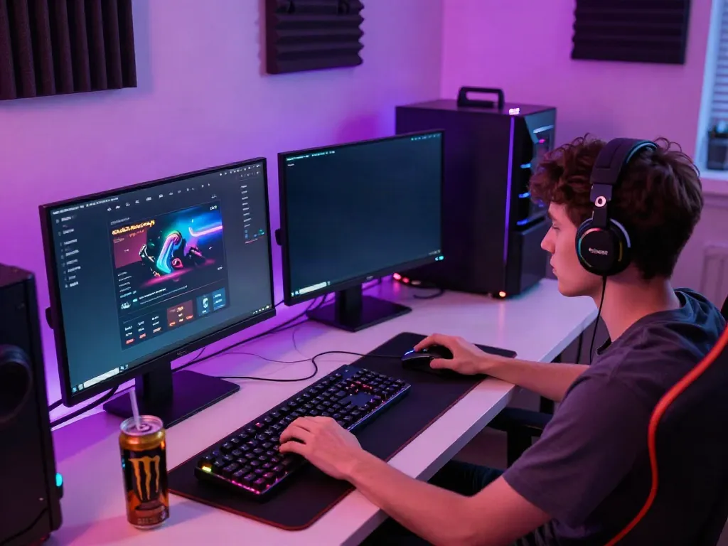 Engaging online gaming setup featuring akunjp platform on monitors, colorful RGB lighting.