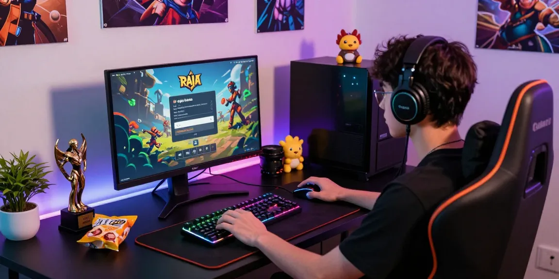 Player performing Raja Game login on a vibrant gaming setup with RGB keyboard and monitor.