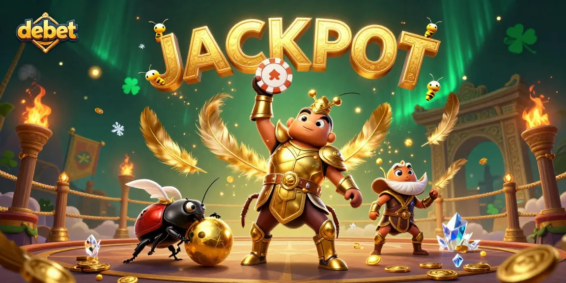 Experience thrilling victories with debet as a hercules beetle lifts a poker chip in an exciting casino scene.