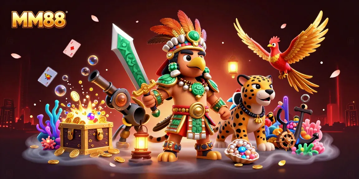 Engage in thrilling gaming adventures with MM88's vibrant Aztec-themed casino illustration packed with treasures.