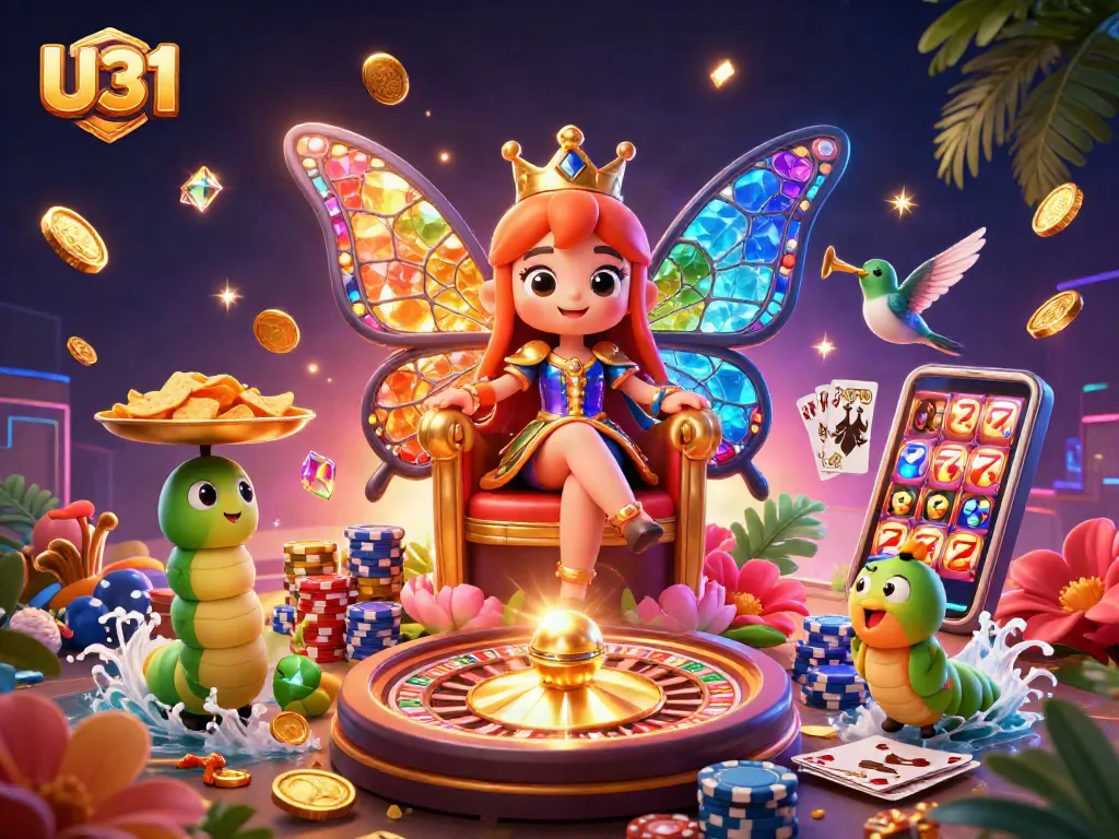 Experience the excitement of U31 gaming with vibrant casino elements and a captivating butterfly queen.