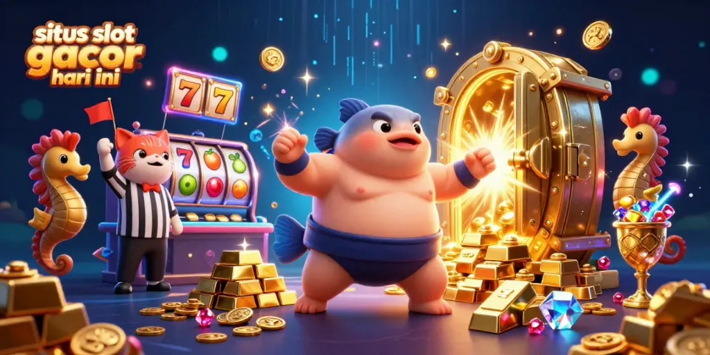 Permainan slot gacor hari ini dengan karakter fugu dalam suasana kasino bawah laut, dikelilingi harta berkilau.