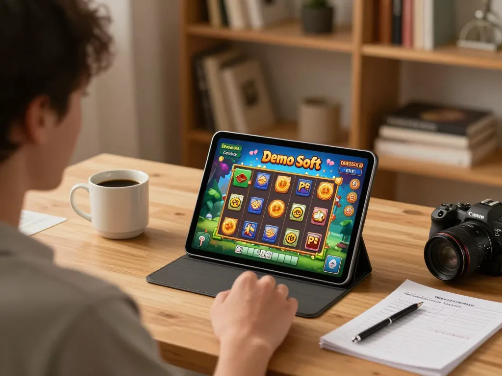 Terlibat dalam Demo Slot PG Soft Mahjong di tablet di ruang kerja rumah yang nyaman.