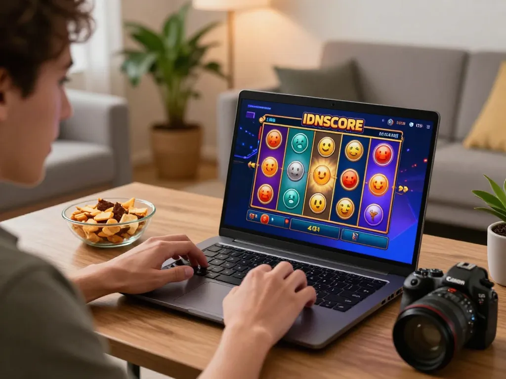 IDNSCORE player enjoying slot games at home with colorful reels visible on screen.