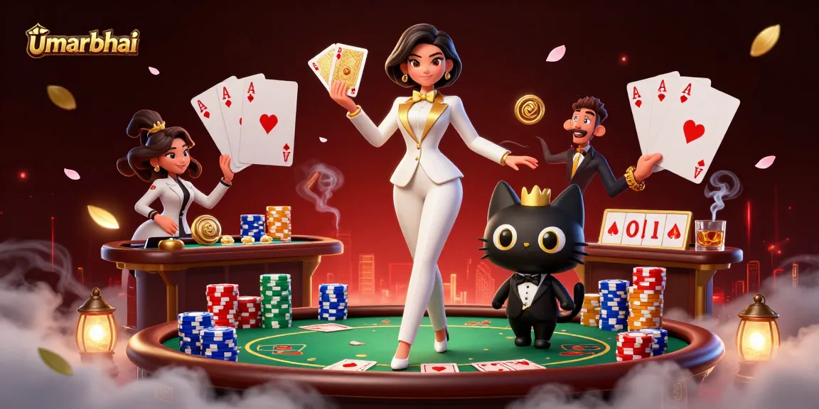 Play poker with umarbhai in a vibrant casino scene featuring glamorous card players and colorful chips.