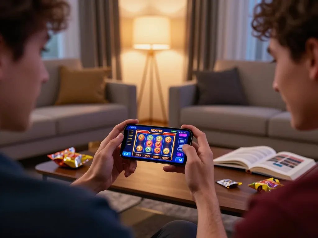 KONG88 user engaged in exciting gameplay on mobile casino app while enjoying a cozy home atmosphere with snacks and strategy notes.