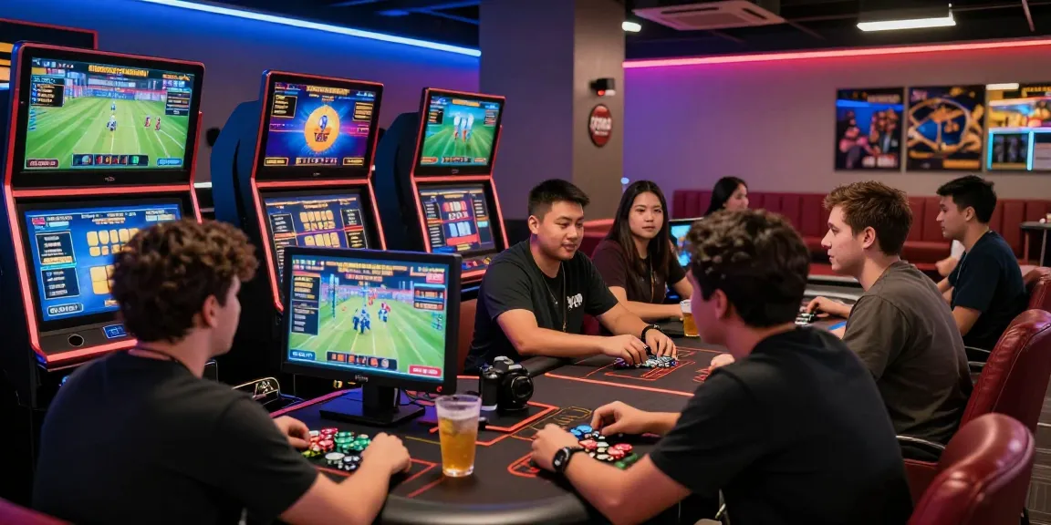 Players engaged in enthusiastic discussions at OPEN88.COM betting lounge, capturing an exciting gaming atmosphere.