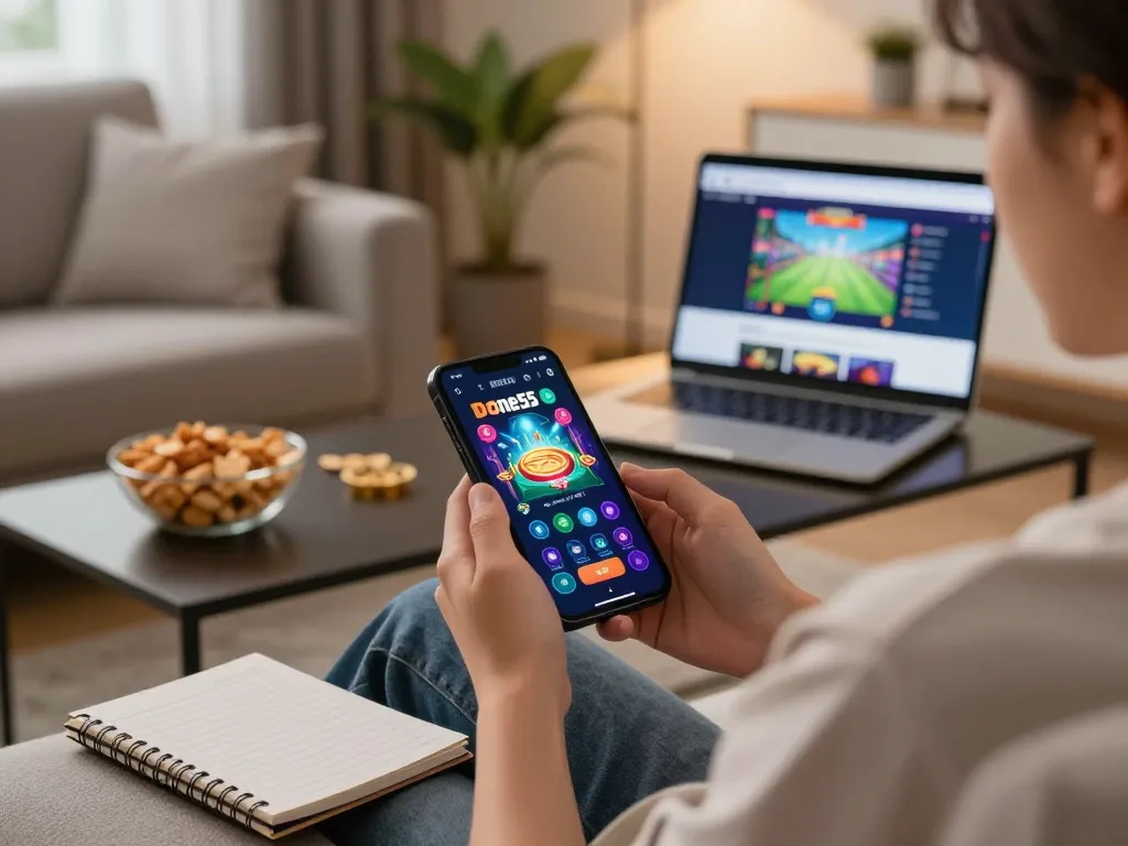 Playing the Done55 game on a smartphone in a cozy living room setting, reflecting an engaging online gambling experience.