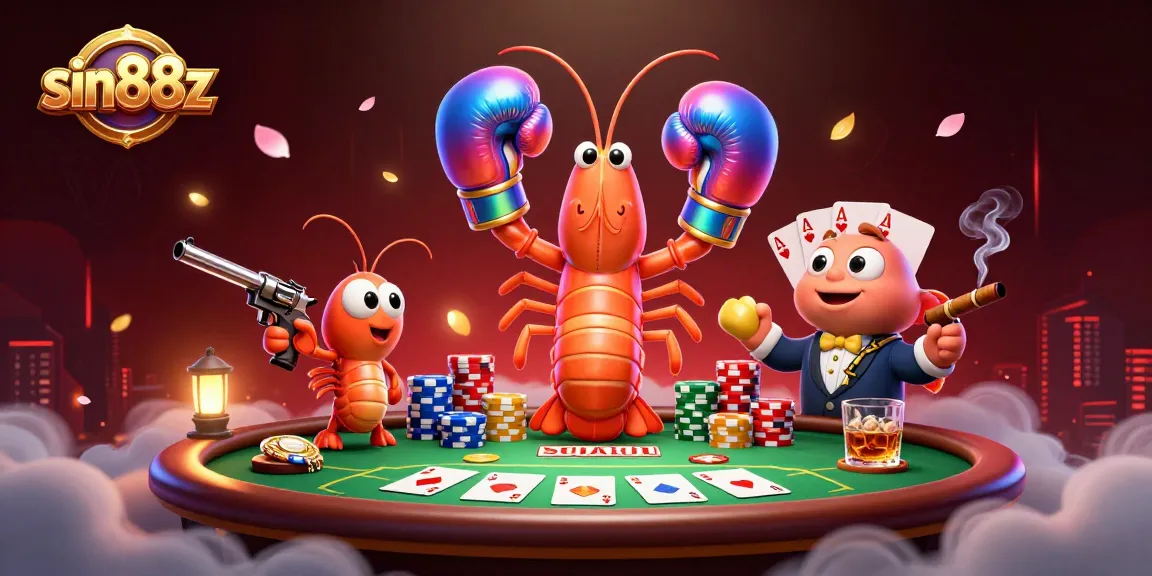 Engaging scene featuring sin88z with a mantis shrimp, poker elements, and vibrant casino action.