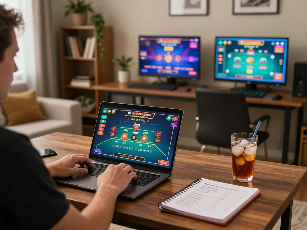 Engaging with live dealer games online at https://www.dacsandatphanrang.com/ in a cozy home setting, showcasing vibrant gaming atmosphere.