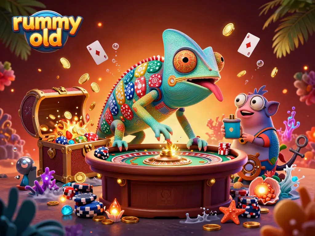 Rummy old platform illustrated with a colorful chameleon casino owner and vibrant casino elements.