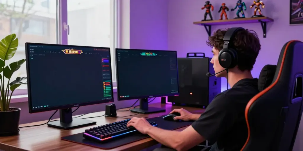 Player immersed in a vibrant slot gacor game setup with modern gaming accessories and dynamic lighting.