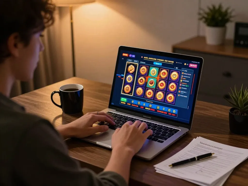 Engaging gameplay on kdslot77 online casino with a focus on strategic play in a cozy home environment.