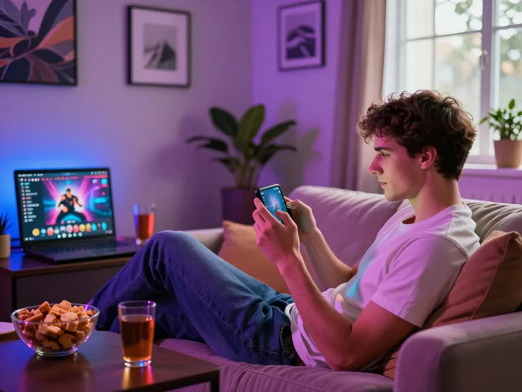 Engaging scene of a young adult playing mobile porn games in a cozy living room.