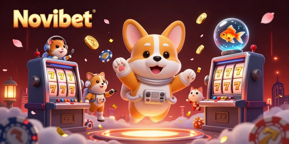 Experience the thrill of Novibet with a vibrant casino scene featuring a corgi astronaut and dynamic game elements.