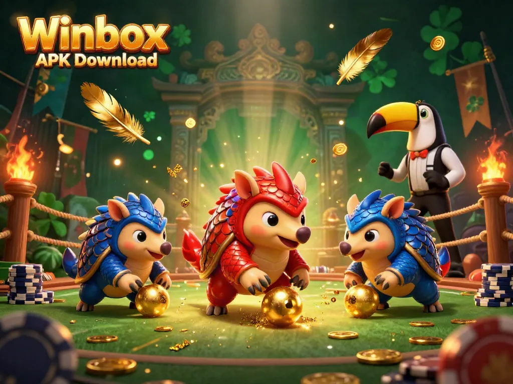 Engage with Winbox APK Download as vibrant pangolins bowl through golden poker chips in a dynamic gaming scene.