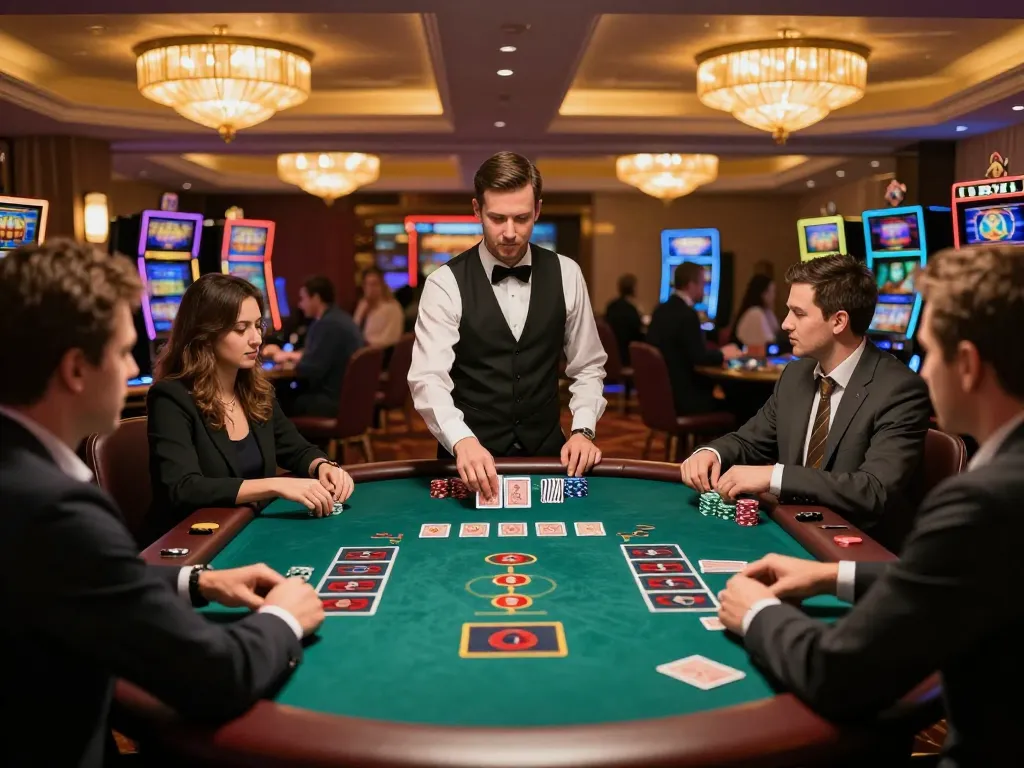 RIKVIP players engaged in a strategic Baccarat game, ambiance highlighting luxury and excitement
