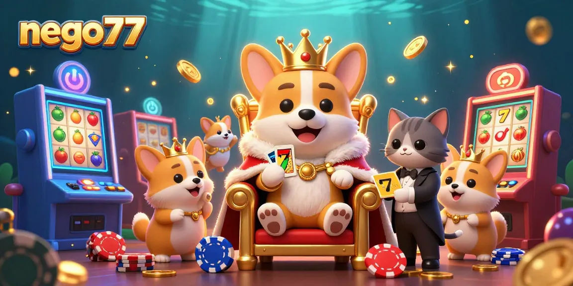 Nego77 celebrates slot gaming with a royal corgi on a poker chip throne and vibrant slot machines.