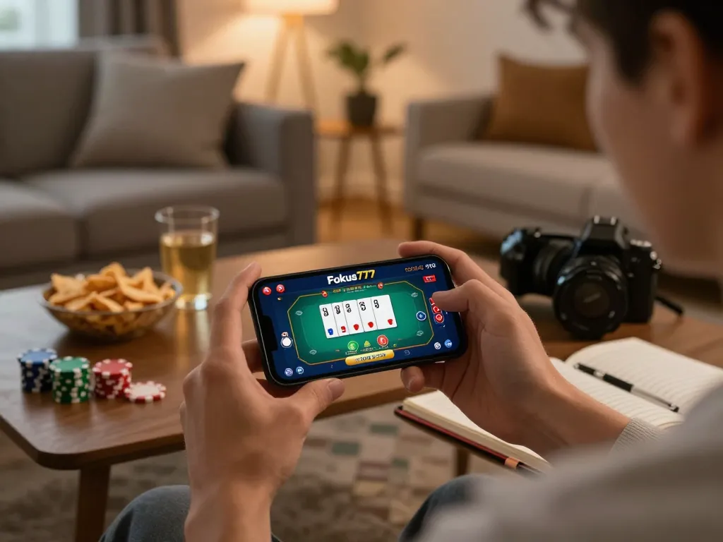 Player enjoying a poker game on Fokus777 app in a cozy home setting.